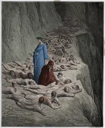 Purgatorio, chant 19 : les âmes des avares : Adrien V (pape Adrien V) parle à Dante, illustration de la Divine Comédie de Dante Alighieri, 1885